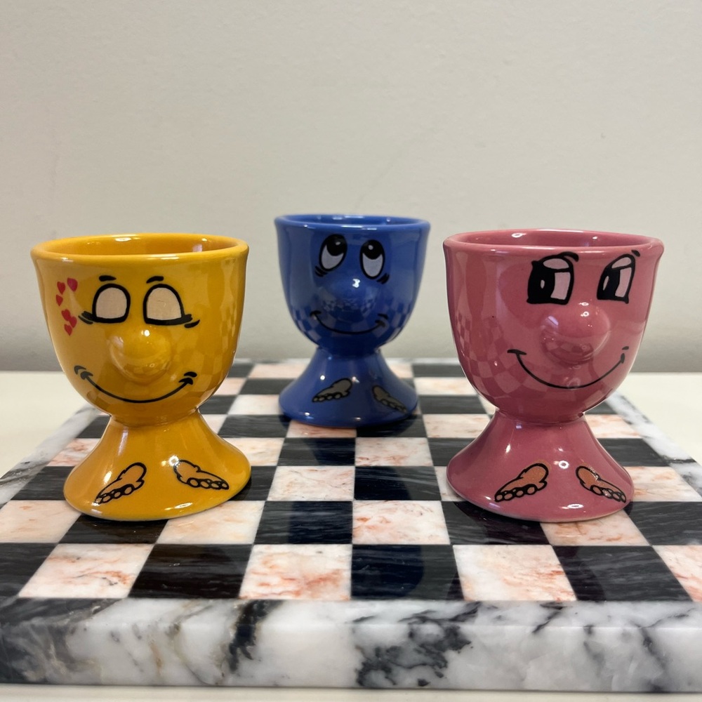 Happy Face Ceramic Egg Cups - Yellow, Blue, Pink